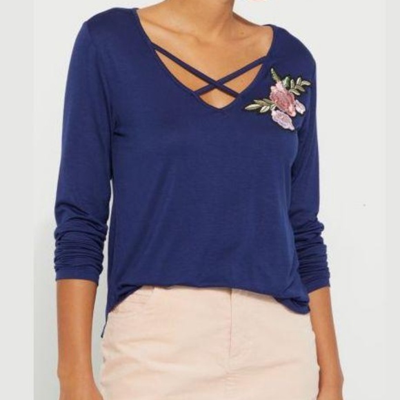 Tops - Navy Rose Patch Cross Strap Long Sleeve Tee
